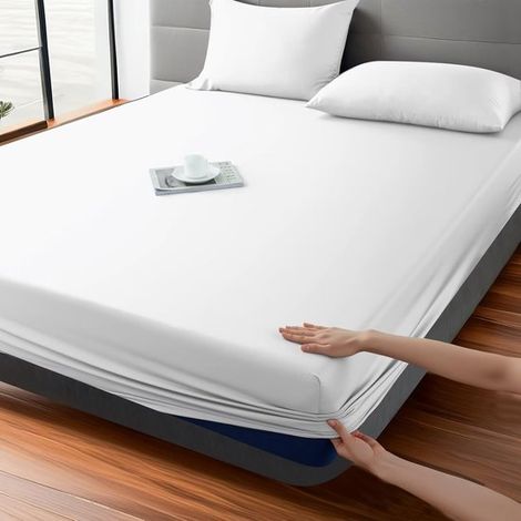 Drap-housse - 180 x 200 cm - Jusqu'à 25 cm d'épaisseur de matelas - Fibre de bambou - blanc - Drap plat - Protège-matelas - Super doux - Ajustement (1/5)