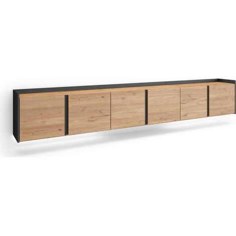 Skraut Home - Mueble TV, Televisión, Muebles de salón, almacenaje, 309x35x50cm, Para TV hasta 80", Colgado, Suspendido, LED, Estilo Moderno, Roble y negro (1/5)