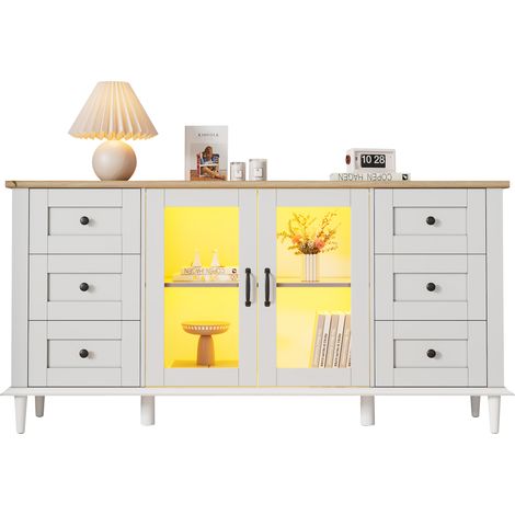 Buffet 150 x 40 x 75 cm avec 2 portes en acrylique, 6 tiroirs et éclairage LED – Meuble de salle à manger polyvalent, meuble d’appoint pour salon, blanc et finition bois