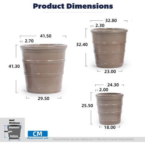 Set de 3 pots en céramique faits main, taupe brun brillant structure rayée horizontale, respirant et résistant au gel, diamètre 40,5/32/24 cm, pour jardin et balcon (1/5)