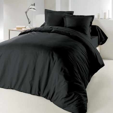 Housse de couette 2 personnes 260 x 240 cm – 100% coton 57 fils/cm² – Fermeture boutons pression – Coloris charbon