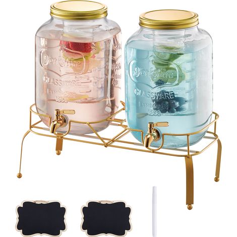 VEVOR Distributeur de Boissons Capacite de 8 L 2PCs, Fontaine a Eau en Verre, Distribution d’Eau Jus Limonade The Glace, avec Support en Metal, Robinet et Infuseur, pour Restaurant Cafe Hotel Fete