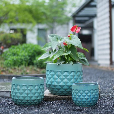 Lot de 3 pots de fleurs en céramique émaillée bleu sarcelle Ø36/29,5/21,5 cm pour intérieur et extérieur (1/5)