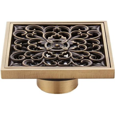 Brass Bathroom Floor Drain - Antique Flower Carved Single Square Shower Drain for Garden Toilet 10 x 10cm-8732T MUMU (1/4)