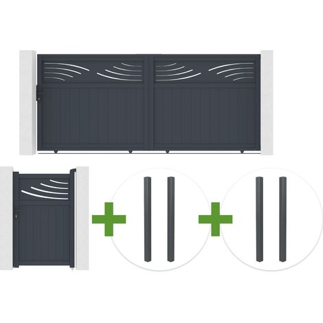 Portail coulissant 3,7m HALTI H.160cm aluminium gris + 4 poteaux ELDA + Portillon 1m HALTI H.160cm aluminium gris (1/5)
