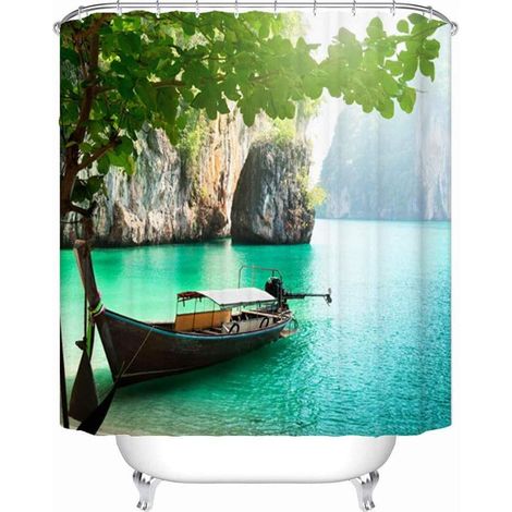 Rideau de douche imperméable Topmail 3D avec 12 crochets, 100 % polyester, motif bateau, vert, 180 x 180 cm (1/5)