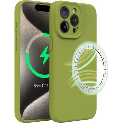 (Jaune-vert (magnétique), Apple 16) Coque pour iPhone, silicone liquide, résistante aux chutes, fixation magnétique MagSafe.