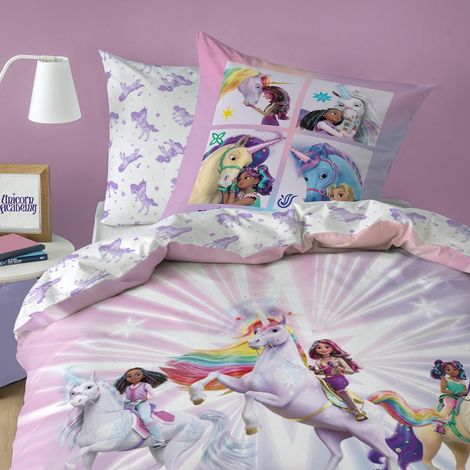 Unicorn Academy Stars Parure de Lit Enfant  100% Coton  Oeko-TEX  Housse de Couette 140x200 cm + Taie d'oreiller 63x63 cm  Imprimé Réversible  Fille (Violet)