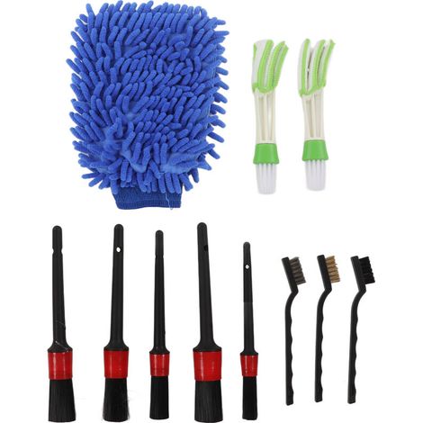 Set of 11 cleaning brushes for wheels, interior and exterior, plastic wipers, car windows, blue (1/5)