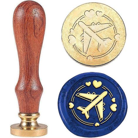 Tampon à sceau vintage « Amour et Avion » (1 pièce), tête amovible en laiton de 25 mm avec manche en bois. (1/5)