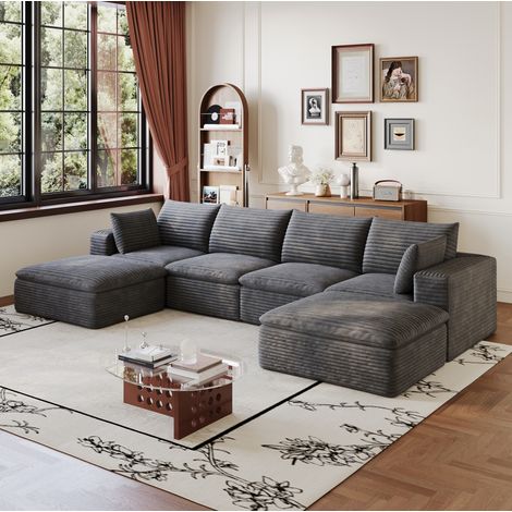 Canapé d’angle modulable 340 cm en velours côtelé gris foncé, sans montage, OKWISH (1/5)