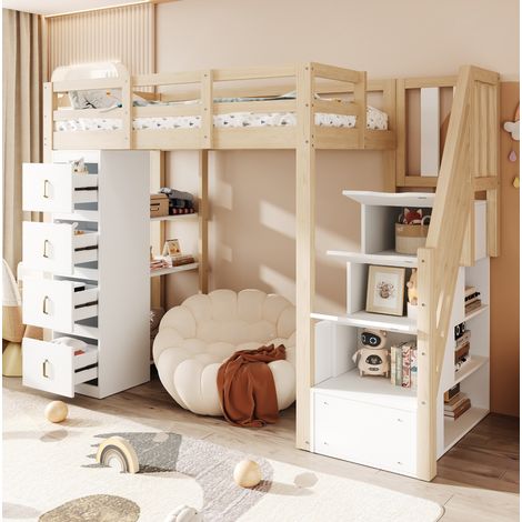 Cama alta 90 x 200 cm con 4 cajones, estanterías y escalera de seguridad HAVRYA (1/5)