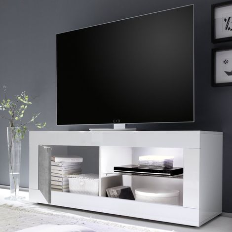TV-Schrank Gambara, 2 Ablagen, Grifföffnung Made in Italy, 4 Fächer, 140x43x56h cm Hochglanz Weiß (1/4)