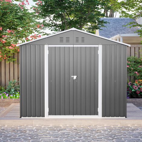 Abri de jardin robuste en métal anthracite, 2,44 m x 1,83 m, avec une porte à charnières pratique. Idéal pour ranger outils et matériel de jardinage.