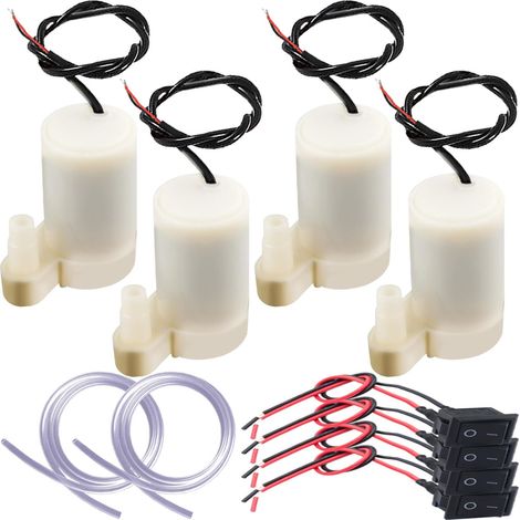 Lot de 4 mini pompes à eau verticales DC 3-5 V, moteur électrique submersible avec tuyau flexible (1 m), interrupteur, pour aquariums, fontaines d'étang et jardins hydroponiques (4 blanches) (1/5)