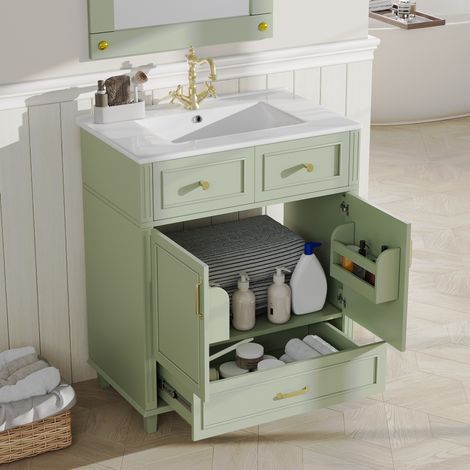 Mobile lavabo moderno verde in MDF con lavabo in ceramica, 1 cassetto soft-close e 2 ripiani aperti, 81 x 45,5 x 86,5 cm (1/5)