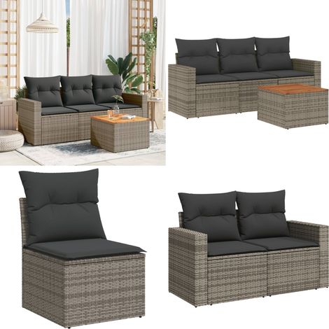 4-tlg. Garten-Sofagarnitur mit Kissen Grau Poly Rattan - Gartenmöbel - Outdoor Möbel - Rattan Gartenset - Lounge Set - Esstisch - Home & Living (1/5)