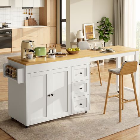 Îlot de cuisine extensible avec 3 tiroirs, roulettes et plateau allongeable 116-179,5 cm blanc (1/5)