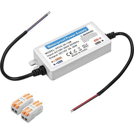 Transformateur Ultra Fin 12V 36W, IP67 Étanche LED Driver DC 12V 3A, LED Transfo avec 2 Connecteurs pour Ruban, Spots, Éclairage Extérieur (1/5)