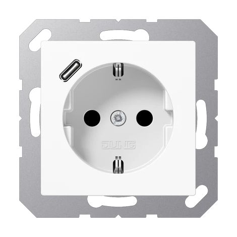 Jung Toma de corriente SCHUKO®, 16 A 250 V , con cargador USB, 1 x tipo C, SAFETY+, serie AS/A, blanco alpino A 1520-18 C WW