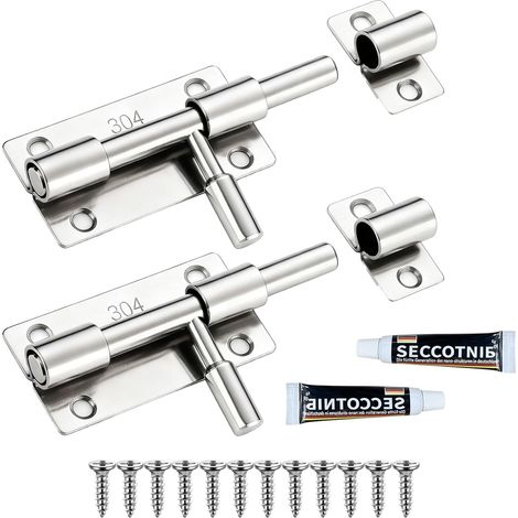 2PCS verrous de porte en acier inoxydable de 10,12 cm avec 12 vis de verrouillage à boulons, verrou de sécurité intérieur et extérieur pour portail, fenêtre et clôture