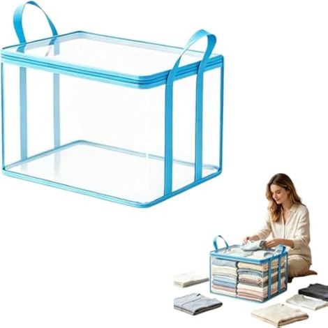 Grand sac de rangement en plastique épais transparent robuste pour vêtements, déménagement et rangement, empilable, pliable, avec couvercles, poignées et fermeture éclair pour dortoir universitaire (1 (1/5)