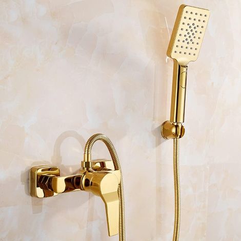 Robinet de baignoire en laiton avec douche à main, fixation murale, support et tuyau flexible de 150 cm inclus, or (1/5)