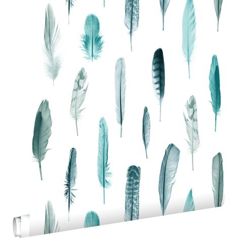 papier peint plumes turquoise et blanc mat  - ESTAhome