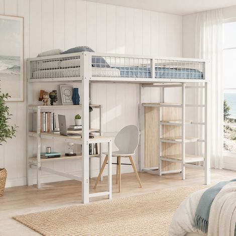 Lit mezzanine 140x200 cm MDF et métal blanc avec bureau, rangement, sans matelas – MEUBLIV (1/5)