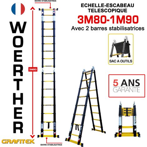 Echelle-escbeau télescopique3m80/1m90 Woerther avec barre stabilisatrice - Avec sac porte outils - Charge maximal 150Kg - Garantie 5 ans (1/3)