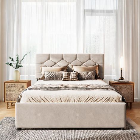 Cadre de lit beige en velours 209 x 150 x 107 cm (1/5)