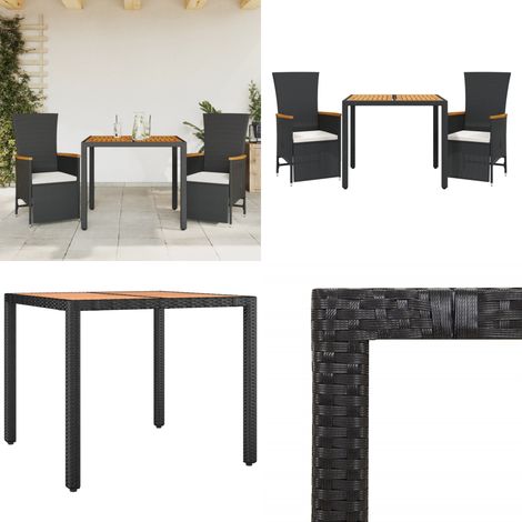 Set da Pranzo da Giardino 3 pz con Cuscini Nero in Polyrattan - Sedie da giardino - Tavolo da giardino