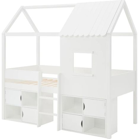 Lit mi-hauteur cabane 90 x 190 cm - Pin et MDF - Blanc - VALESKIA (1/5)
