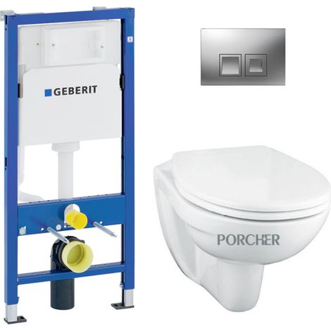 Pack WC bati support Geberit DuofixBasic + WC suspenduPorcher sans bride + plaque  DELTA50 chrome mat (PorcherGeb2)