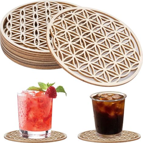 Lot de 10 sous-verres Fleur de Vie, 10 x 10 cm, en bois. Sous-verres pour boissons, café, bars et cuisines.