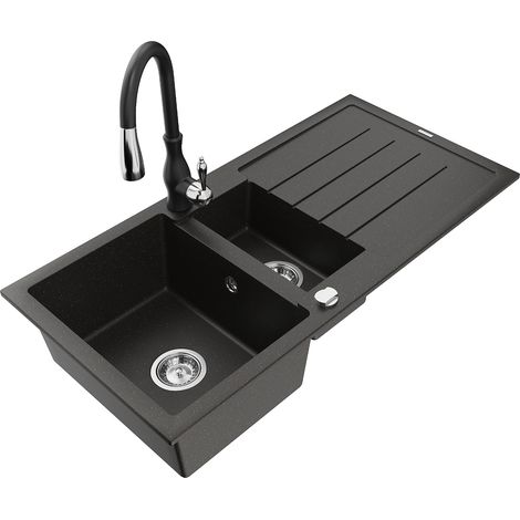 Mexen Andres lavello in granito 1,5 vasca con scolapiatti e miscelatore cucina Savita, nero/oro metallizzato - 6515-75-672601-70 (1/5)