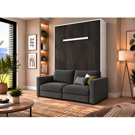Lit escamotable vertical KIMBER avec canapé tissu intégré – Le salon le jour, un vrai lit la nuit Gris foncé Blanc-160x200-Cadre Blanc-Façade Carbone-Canapé Gris foncé (1/5)