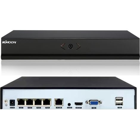 Enregistreur vidéo réseau PoE 4 canaux (1080p/3MP/4MP/5MP/6MP/8MP/4K) avec détection de mouvement P2P pour systèmes de vidéosurveillance.