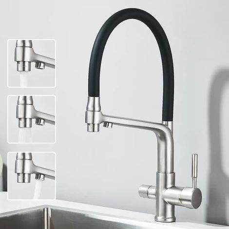 Küchenarmatur mit Wasserfilterfunktion – zwei Ausläufe, Reinigungsfunktion, 360° drehbarer Wasserhahn – Oberfläche aus gebürstetem Nickel (1/5)