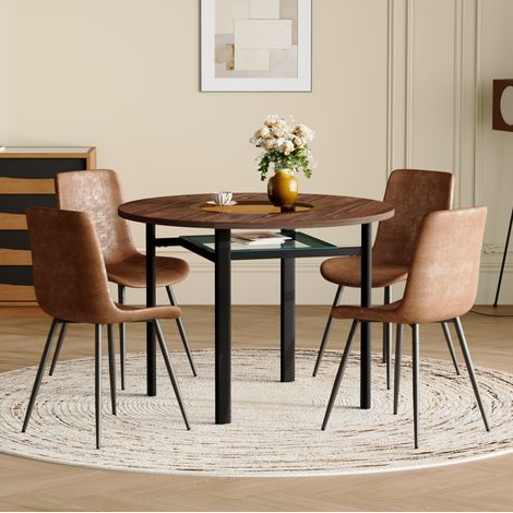 Set tavolo rotondo moderno 100 cm con 4 sedie marroni in tessuto e vetro (1/5)