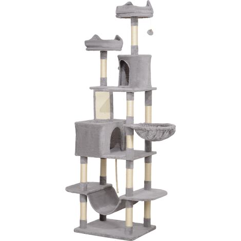 Albero per Gatti 60x50x206A cm con 4 Pali Graffiatoi Cesti Amache per 1-3 Gatti 6 kg in Peluche e Sisal Grigio Chiaro (1/5)