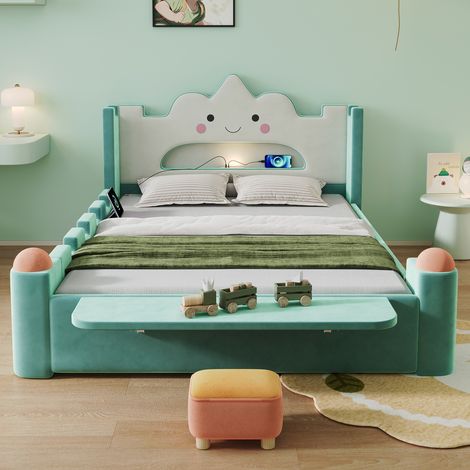Lit enfant capitonné 140x200 avec tiroirs de rangement - led et usb - lit nuage velours bleu - sécurité anti-chute - vert (1/5)