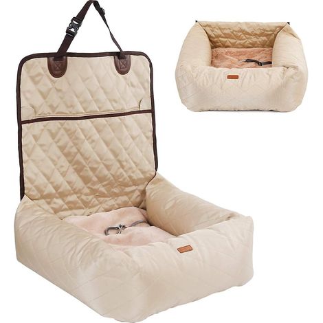MINKUROW Asiento de coche para perros 2 en 1 Asiento de coche para perros, Asiento de vehículo de viaje portátil Portador de mascotas con perrera gruesa y correa de seguridad (Beige) (1/5)