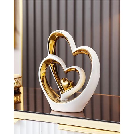 Statue céramique double cœur haut 25,5 cm, décoration table ou salon moderne (1/4)