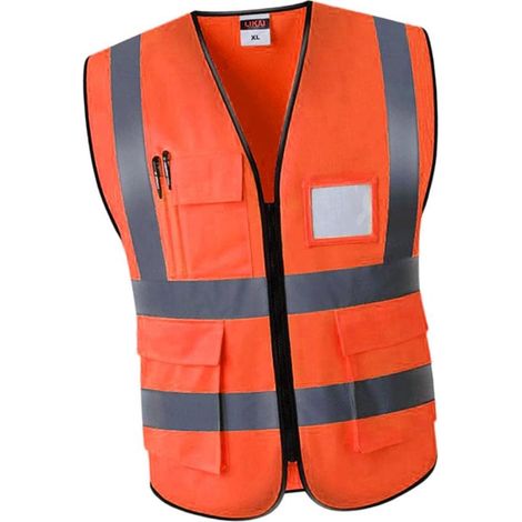 Gilet di sicurezza in rete riflettente, traspirante, con tasche e cerniera, colore giallo. Veste piccolo, si consiglia di scegliere una taglia in più. (1/5)