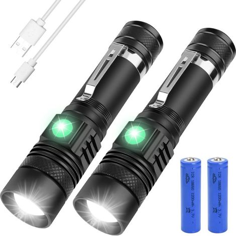 Lampe Torche Rechargeable USB, 2PCS Lampe de Poche LED, 3 Modes, Anti-Choc Étanche et Zoomable avec 2 Piles 18650 et Chargeur USB pour Ménage, Camping, Éclairage de Secours (1/5)