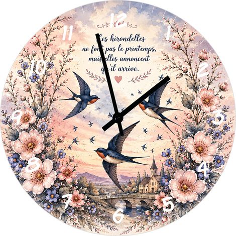 Horloge Murale Verre Hirondelles et Citation Printanière 29 cm (1/2)