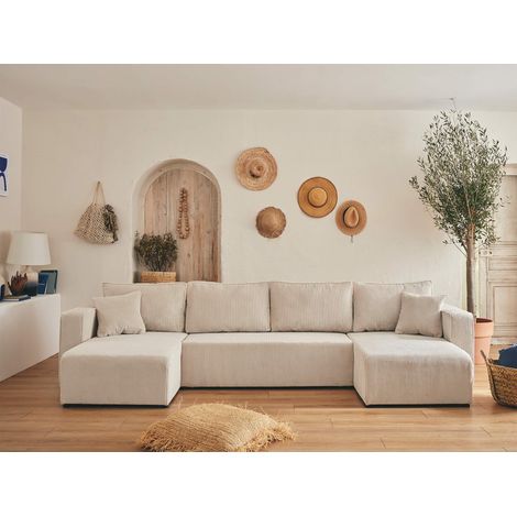 Topaze - 7-sitzer wohnlandschaft u-form - schlaffunktion und bettkasten - cord - beige