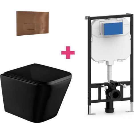 Ensemble WC suspendu PISA en céramique noir mat avec réservoir et bouton de chasse d'eau Cuivre rectangulaire