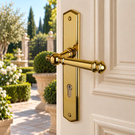 Ouvre&Déco - 2 poignées de porte ATTILA en laiton poli doré – Entraxe 195 mm – Trou de cylindre européen – Sans ressort de rappel – Porte d’entrée (1/5)